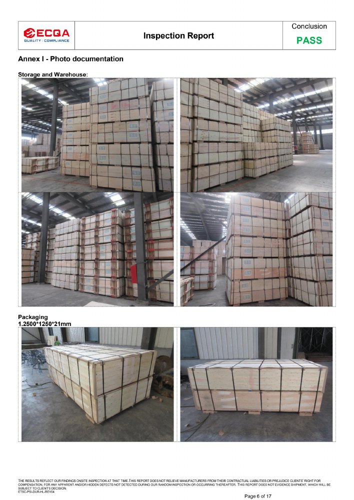 ECQA report page 6: inspected plywood storage and strapped packs