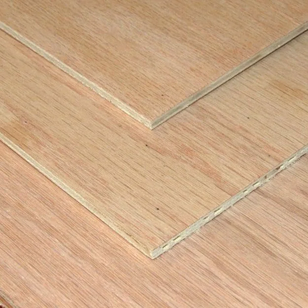Overlapping pale woodgrain plywood sheets with thin layered edges visible.