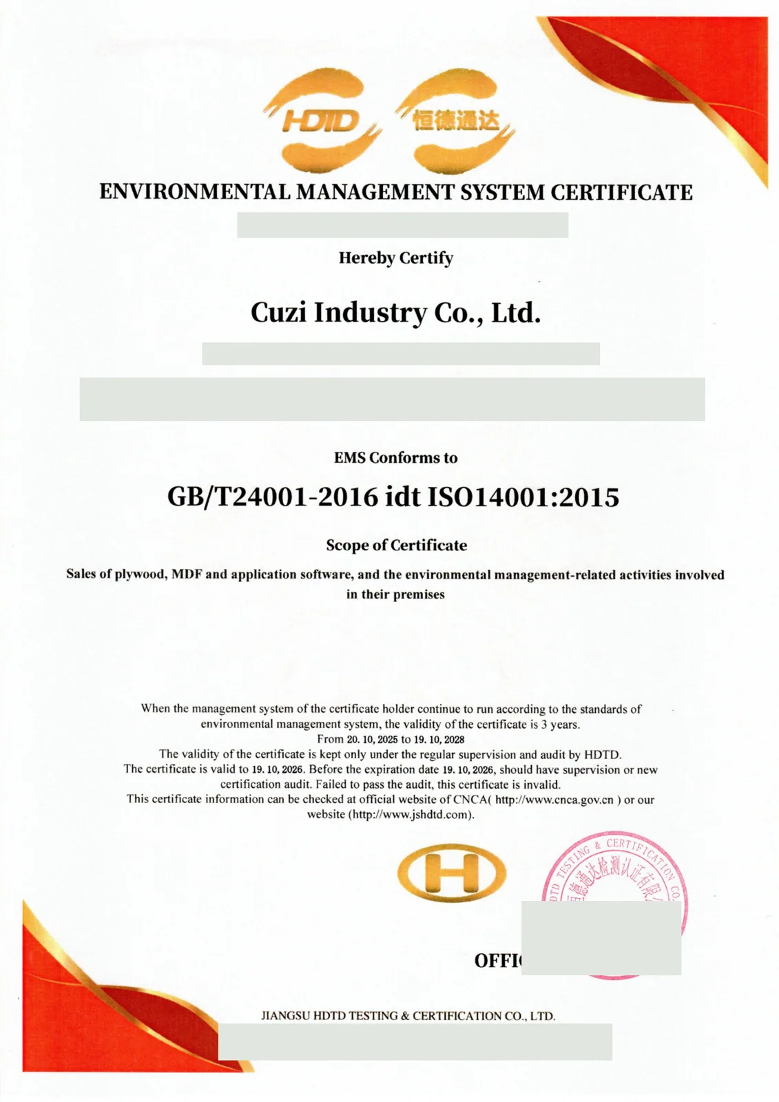 ISO 14001:2015 certificate