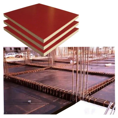 A composite of red-faced plywood panels and concrete formwork with vertical reinforcing bars.