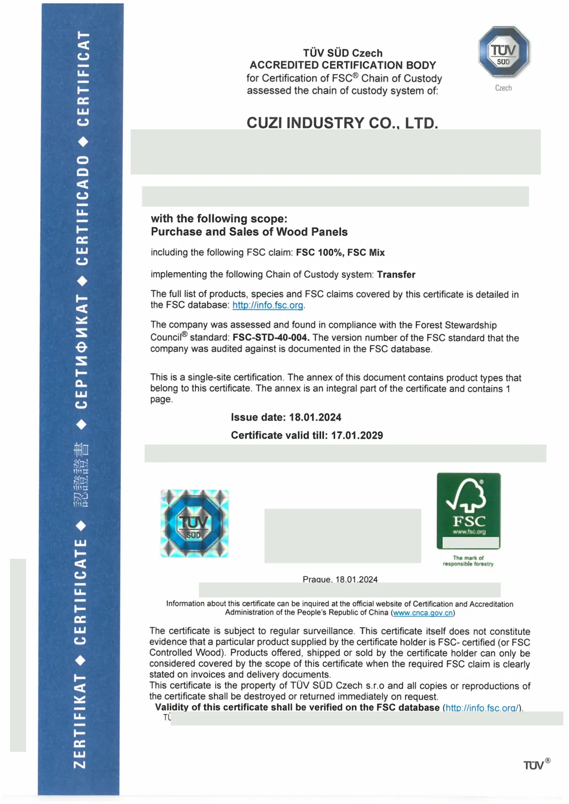 FSC chain of custody certificate