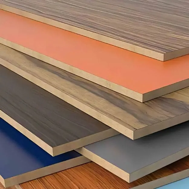 Overlapping woodgrain and solid-colour boards with exposed brown edges.