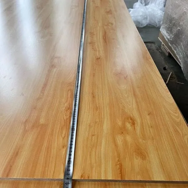Amber woodgrain-faced panels with a measuring ruler placed along one edge.