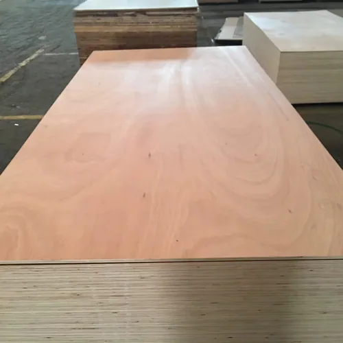 A stack of warm-toned wood-faced plywood sheets with layered edges visible.