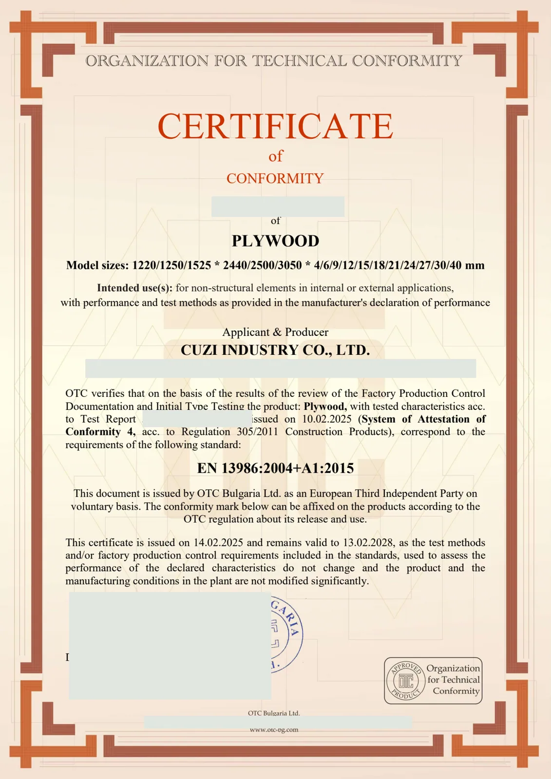 COC EN 13986 certificate