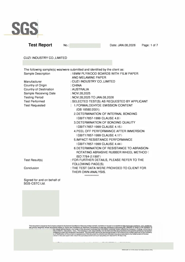 SGS 18 mm faced plywood report covering bonding and surface performance