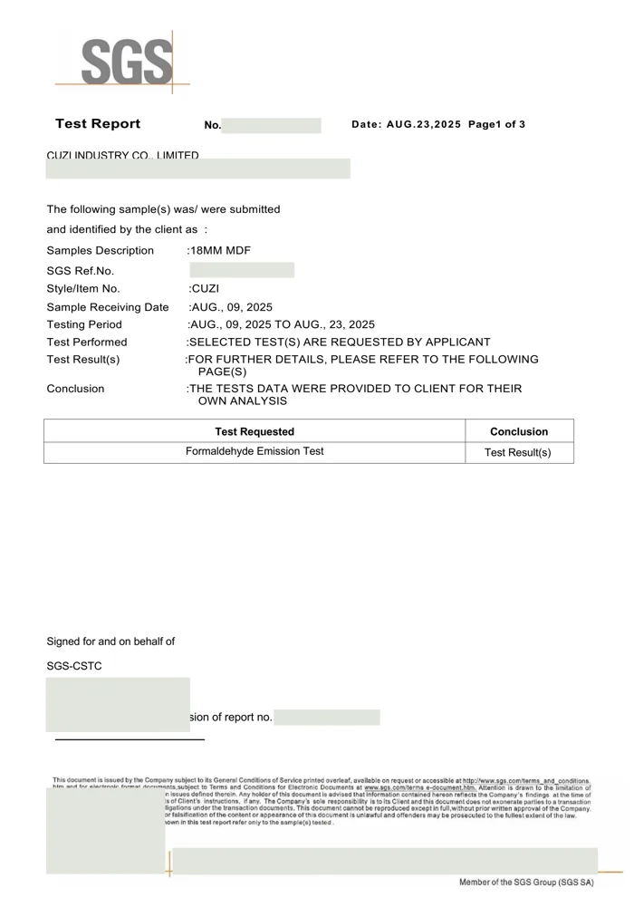 SGS 18 mm MDF formaldehyde emission test report