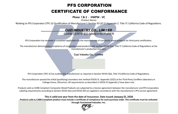 PFS CARB certificate of conformance for veneer-core hardwood plywood