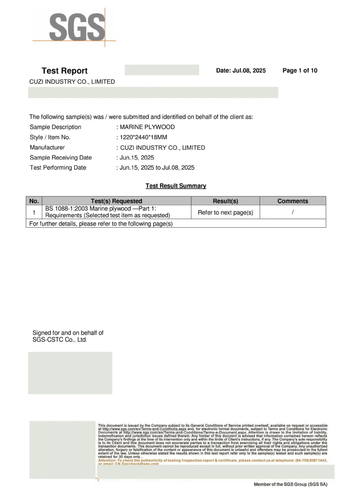 SGS marine plywood test report covering bonding quality and material properties