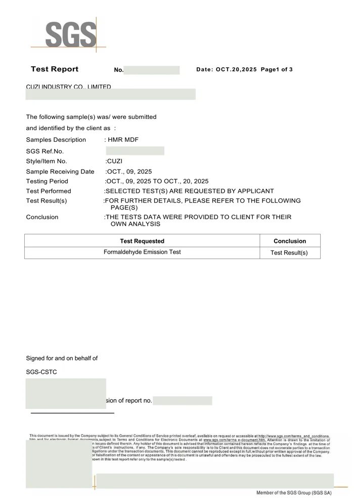 SGS HMR MDF formaldehyde emission test report