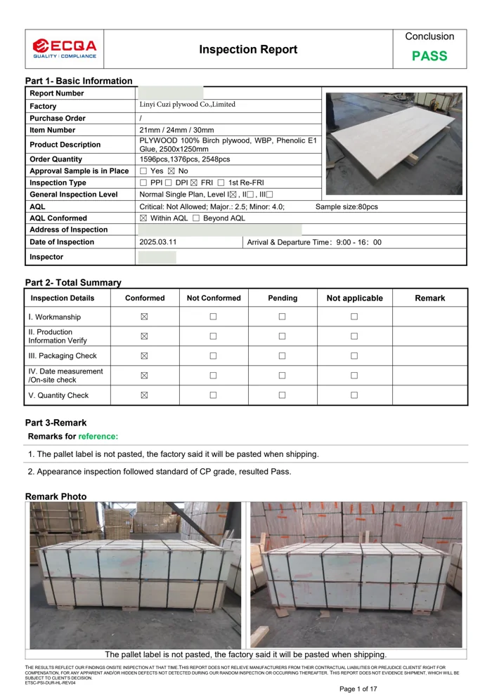 Plywood inspection report with dimensional checks and packaging photographs