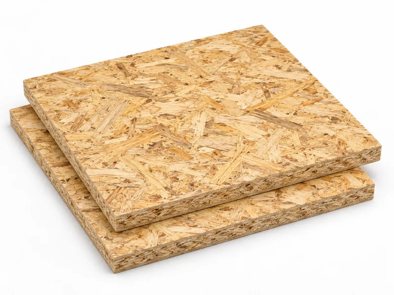 OSB panels with pale wood-strand faces and compressed strand material visible at the cut edges.