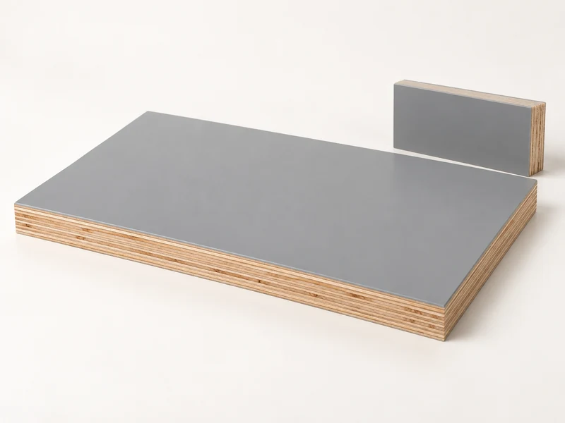 Plastic coated plywood panel and cut section with smooth grey working faces and exposed bonded wood veneer layers.